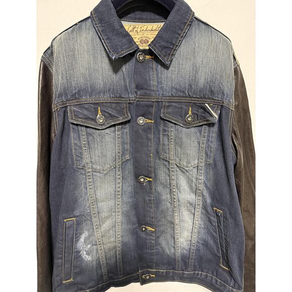 Cult of Individuality Denim Jacket Mens 2XL Leather Sleeves Trucker 628-255A - Picture 2 of 16